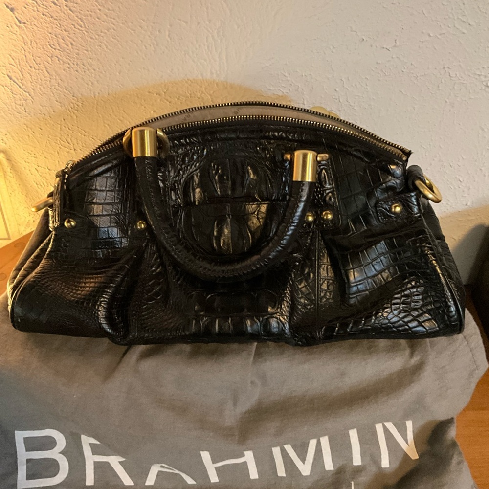Brahmin Black Satchel with Crocodile Embossed Leather